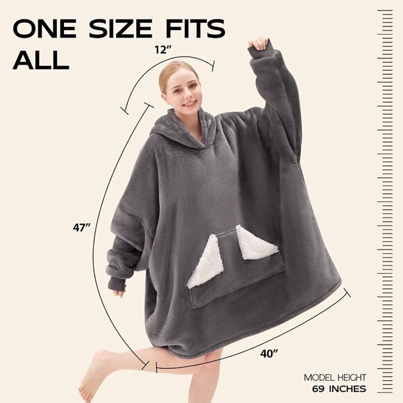 ⭐Sweat Grey Warm Giant Hoodie Thick Flannel Blanket with Sleeve - Picture 6 of 6